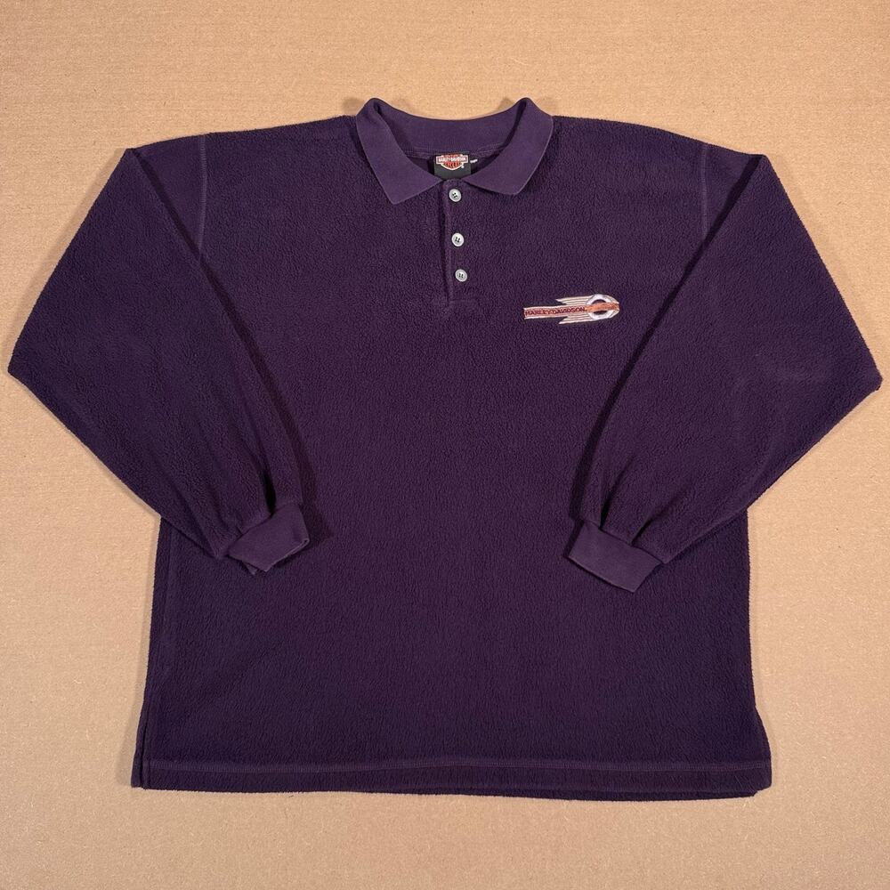Vintage Harley Davidson 90s Purple Fleece Long Sleeve Polo Shirt Size Large